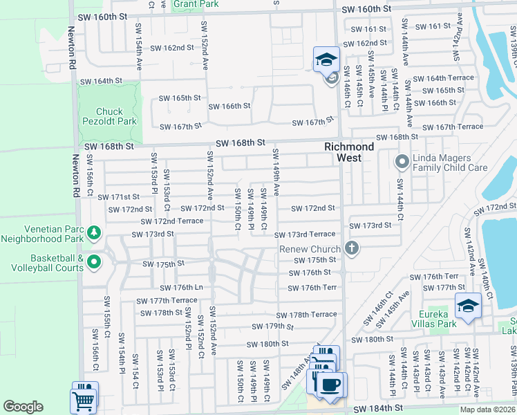 map of restaurants, bars, coffee shops, grocery stores, and more near 17111 Southwest 149th Court in Miami