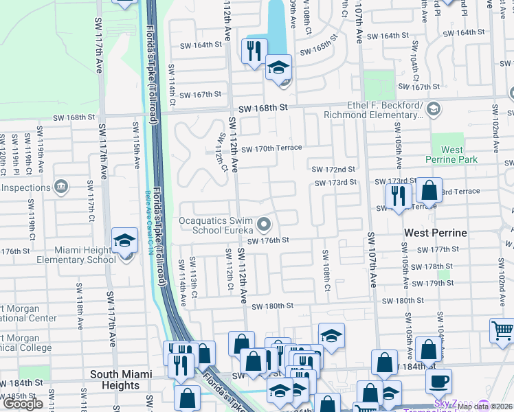 map of restaurants, bars, coffee shops, grocery stores, and more near 11005 Southwest 173rd Terrace in Miami