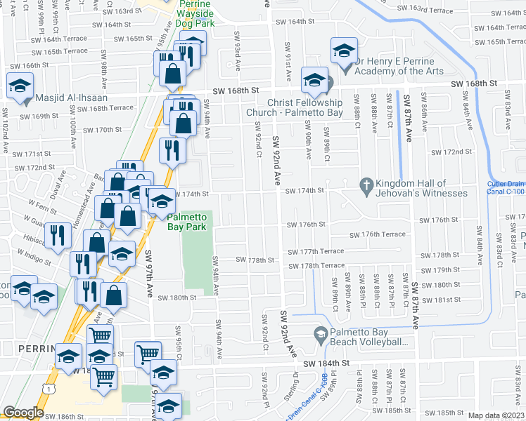 map of restaurants, bars, coffee shops, grocery stores, and more near 17501 Southwest 92nd Court in Palmetto Bay