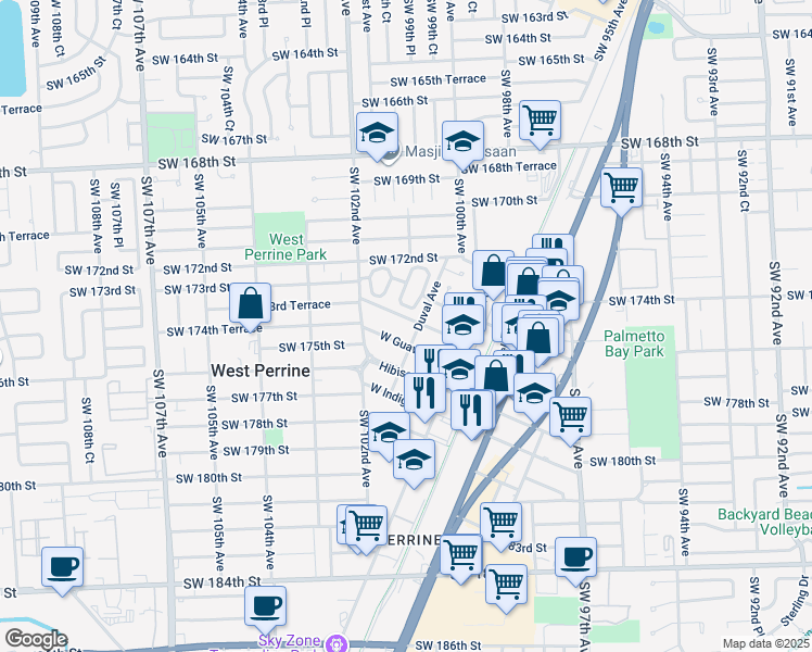 map of restaurants, bars, coffee shops, grocery stores, and more near 10120 West Fern Street in Miami