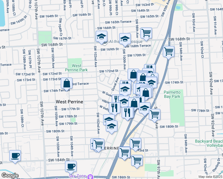 map of restaurants, bars, coffee shops, grocery stores, and more near 10120 West Fern Street in Miami