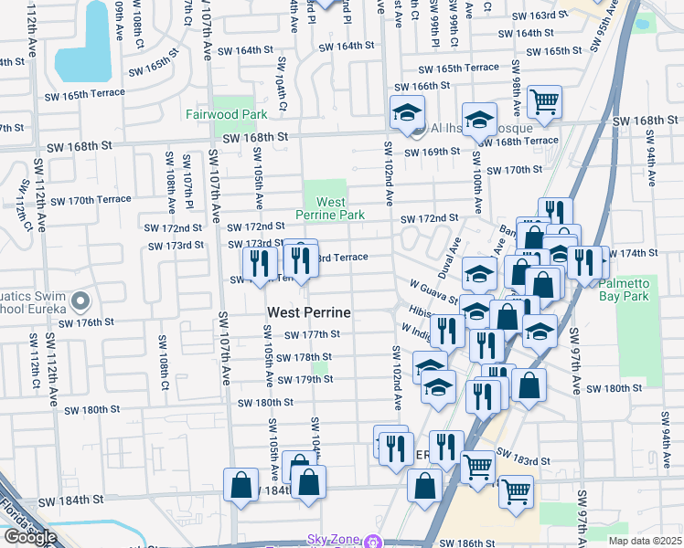 map of restaurants, bars, coffee shops, grocery stores, and more near 10320 Southwest 173rd Terrace in Miami