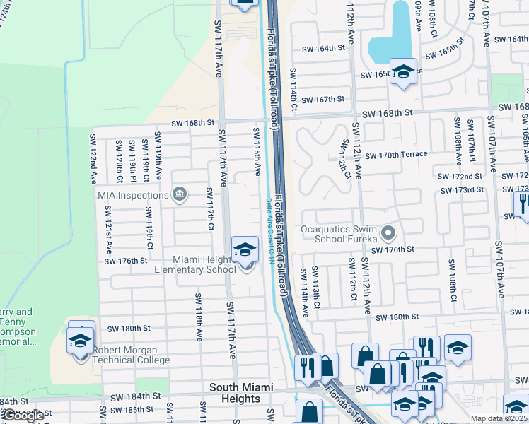map of restaurants, bars, coffee shops, grocery stores, and more near 17223 Southwest 115th Avenue in Miami