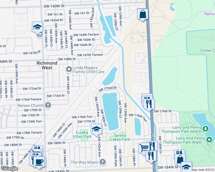 map of restaurants, bars, coffee shops, grocery stores, and more near 14251 Southwest 171st Terrace in Miami
