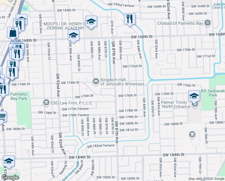 map of restaurants, bars, coffee shops, grocery stores, and more near 8705 Southwest 175th Street in Palmetto Bay