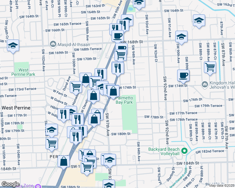 map of restaurants, bars, coffee shops, grocery stores, and more near 17403 South Dixie Highway in Miami