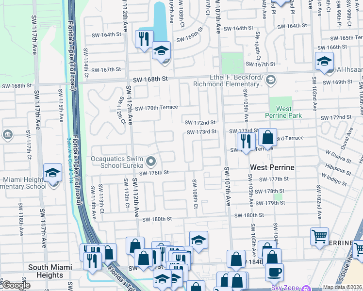 map of restaurants, bars, coffee shops, grocery stores, and more near 17331 Southwest 109th Avenue in Miami