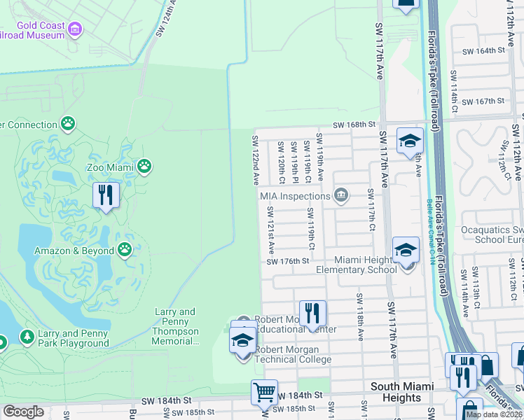 map of restaurants, bars, coffee shops, grocery stores, and more near 17201 Southwest 122nd Avenue in Miami