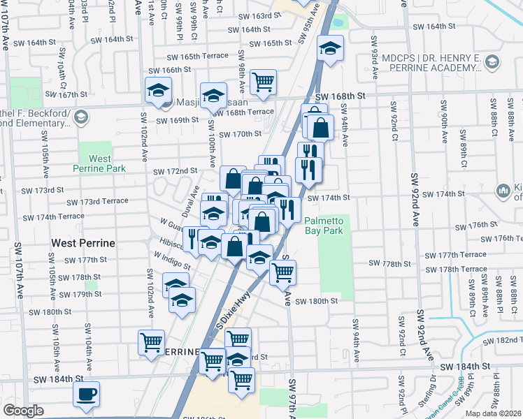 map of restaurants, bars, coffee shops, grocery stores, and more near 17358 West Cleveland Avenue in Miami