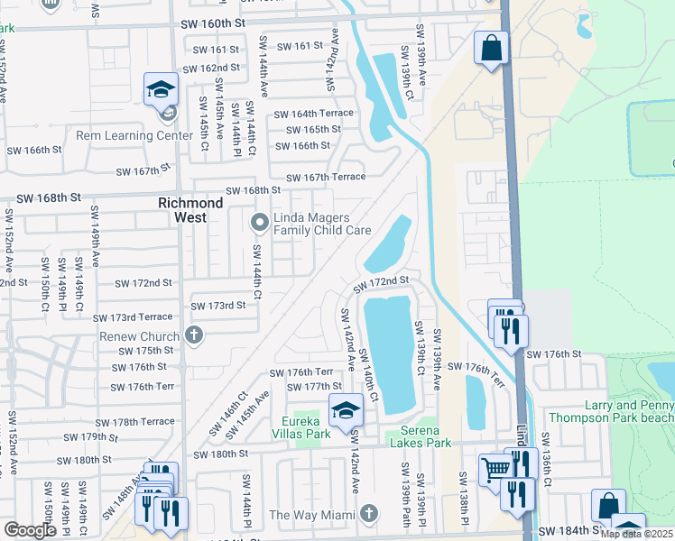 map of restaurants, bars, coffee shops, grocery stores, and more near 14331 Southwest 172nd Terrace in Miami