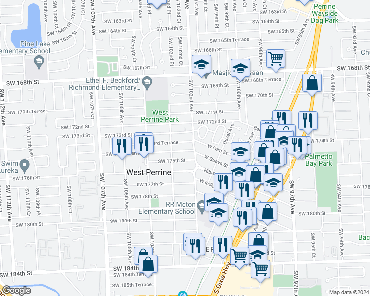 map of restaurants, bars, coffee shops, grocery stores, and more near 10260 Southwest 173rd Terrace in Miami