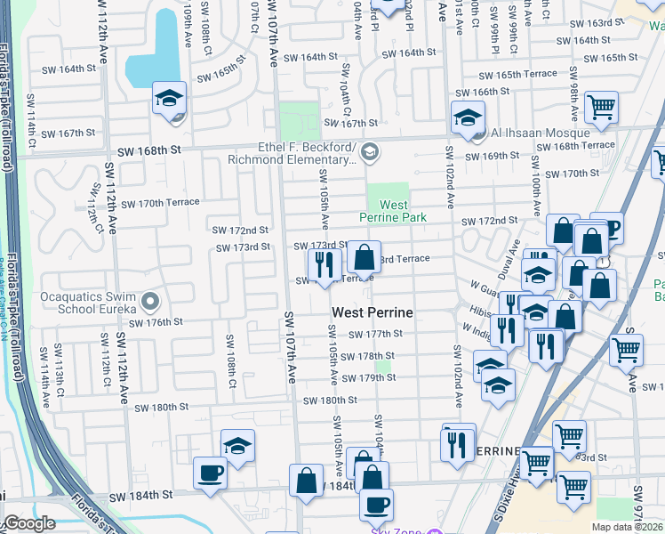 map of restaurants, bars, coffee shops, grocery stores, and more near 10462 Southwest 173rd Terrace in Miami