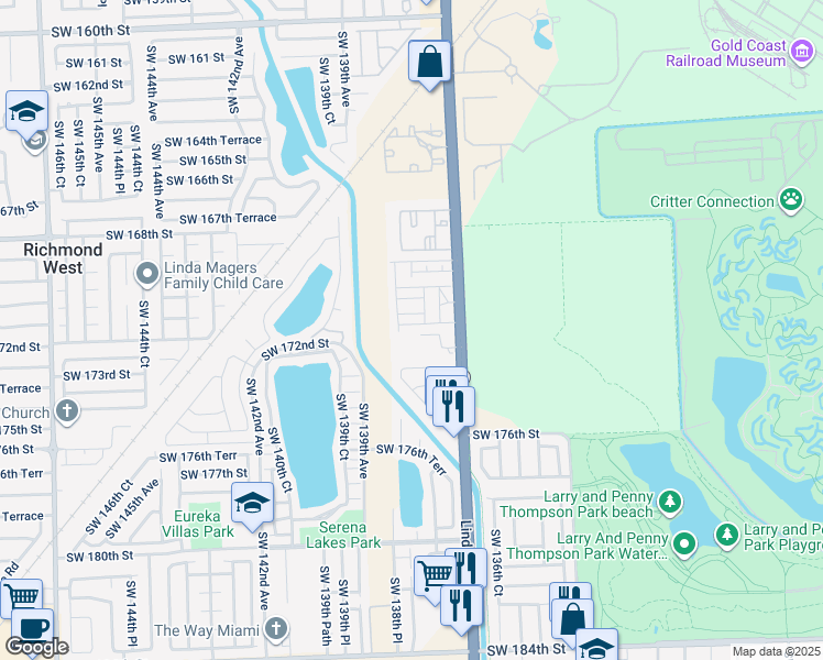 map of restaurants, bars, coffee shops, grocery stores, and more near 17172 Southwest 138th Court in Miami