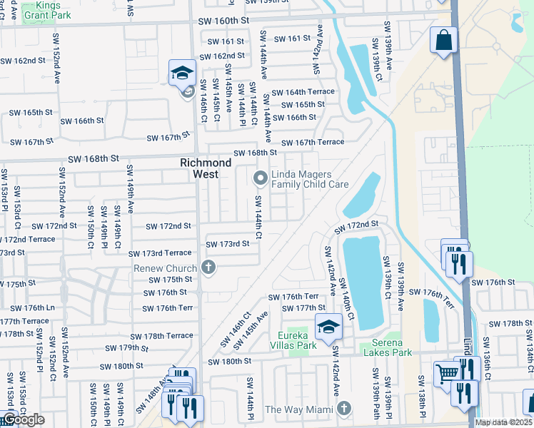 map of restaurants, bars, coffee shops, grocery stores, and more near 17157 Southwest 143rd Place in Miami