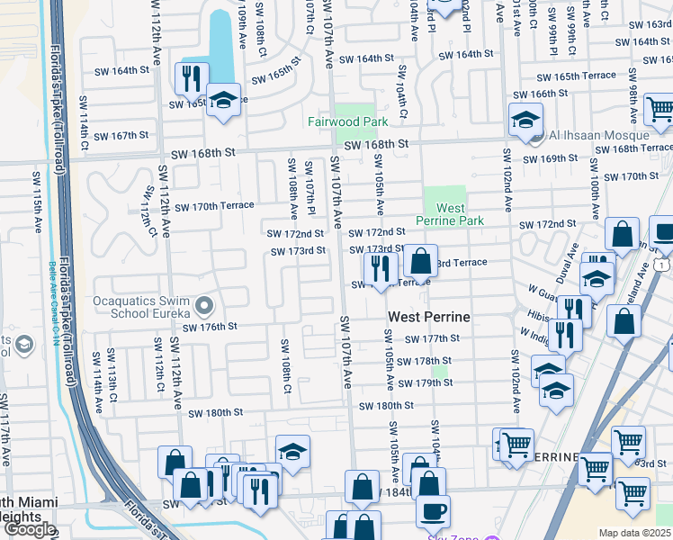 map of restaurants, bars, coffee shops, grocery stores, and more near 17405 Southwest 107th Court in Miami