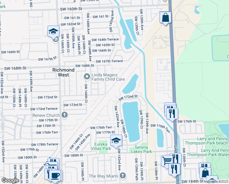 map of restaurants, bars, coffee shops, grocery stores, and more near 14331 Southwest 172nd Terrace in Miami