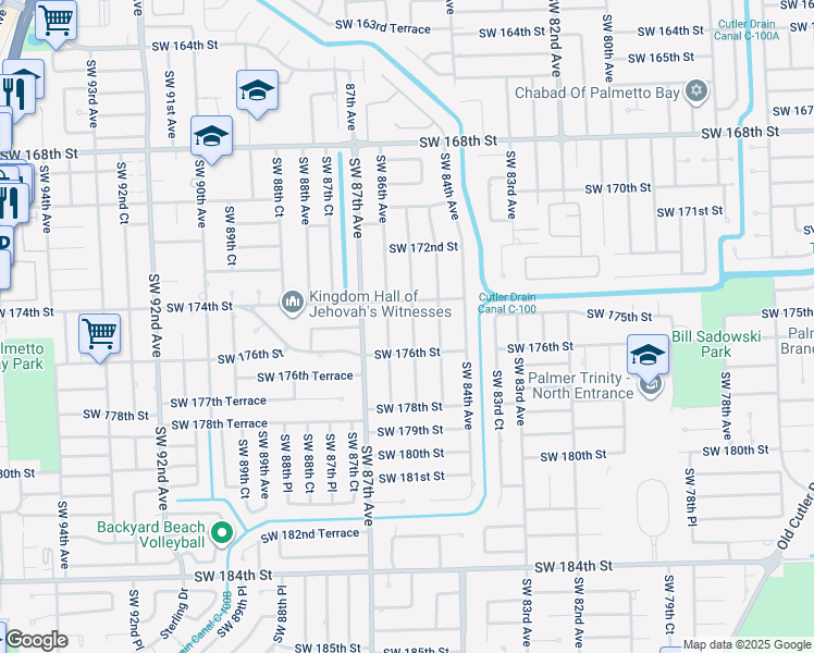 map of restaurants, bars, coffee shops, grocery stores, and more near 17450 Southwest 85th Avenue in Palmetto Bay