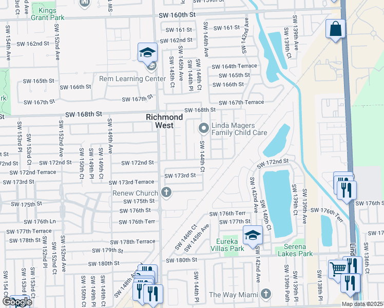 map of restaurants, bars, coffee shops, grocery stores, and more near 17148 SW 144th Pl in Miami