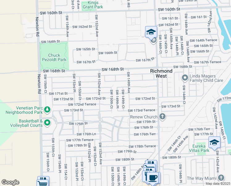 map of restaurants, bars, coffee shops, grocery stores, and more near 17100 Southwest 149th Place in Miami