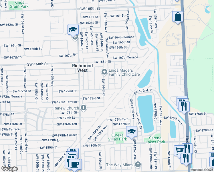 map of restaurants, bars, coffee shops, grocery stores, and more near 17157 Southwest 143rd Place in Miami