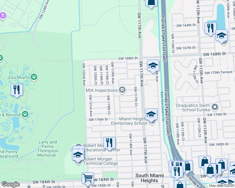 map of restaurants, bars, coffee shops, grocery stores, and more near 11851 Southwest 173rd Street in Miami