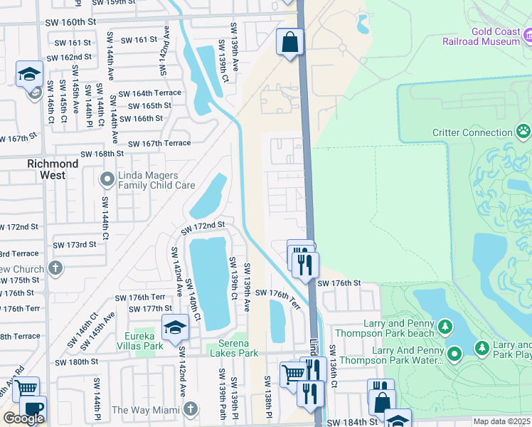 map of restaurants, bars, coffee shops, grocery stores, and more near 17172 Southwest 138th Court in Miami