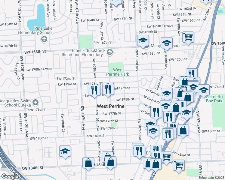 map of restaurants, bars, coffee shops, grocery stores, and more near 10384 Southwest 173rd Terrace in Miami