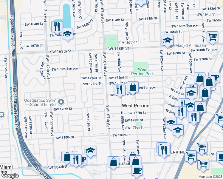 map of restaurants, bars, coffee shops, grocery stores, and more near 17330 Southwest 106th Avenue in Miami