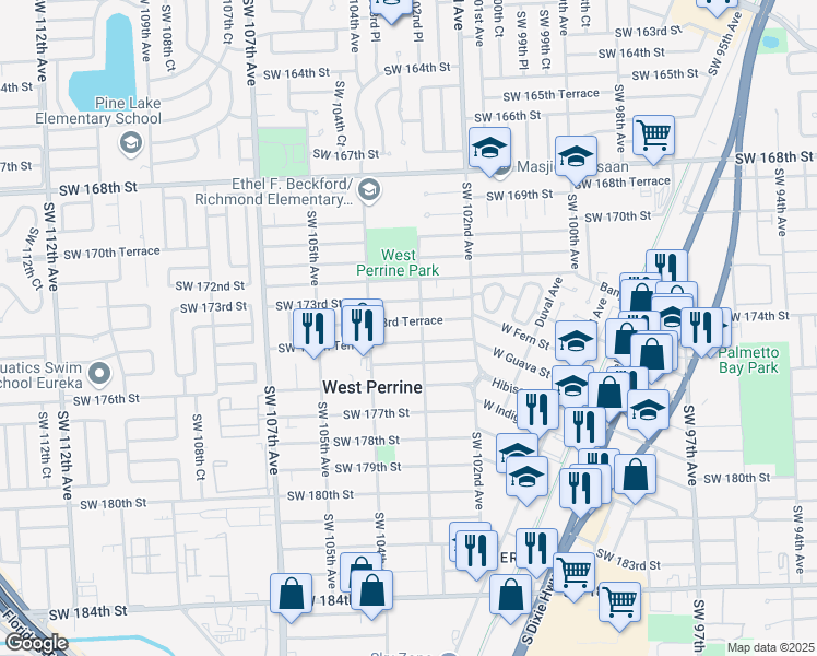 map of restaurants, bars, coffee shops, grocery stores, and more near 10320 Southwest 173rd Terrace in Miami