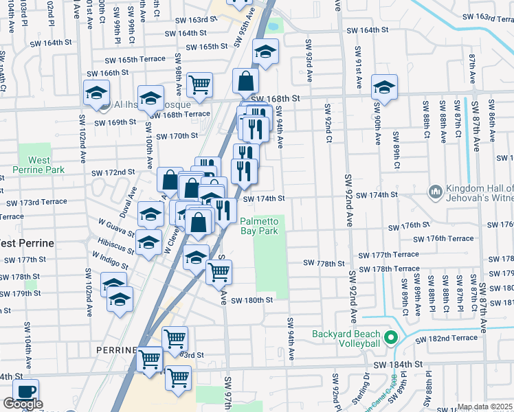 map of restaurants, bars, coffee shops, grocery stores, and more near 9500 Southwest 174th Street in Palmetto Bay