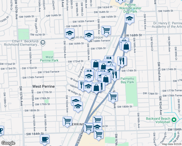 map of restaurants, bars, coffee shops, grocery stores, and more near 17304 Walker Avenue in Miami