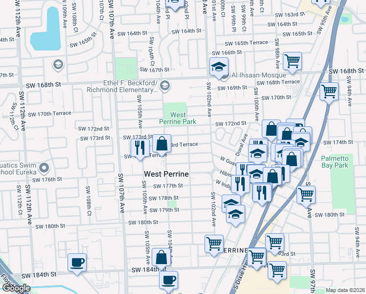 map of restaurants, bars, coffee shops, grocery stores, and more near 10320 Southwest 173rd Terrace in Miami