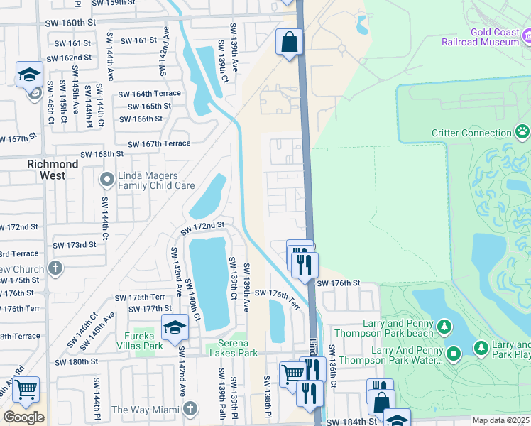 map of restaurants, bars, coffee shops, grocery stores, and more near 17172 Southwest 138th Court in Miami