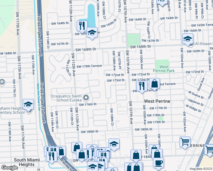 map of restaurants, bars, coffee shops, grocery stores, and more near 17331 Southwest 109th Avenue in Miami