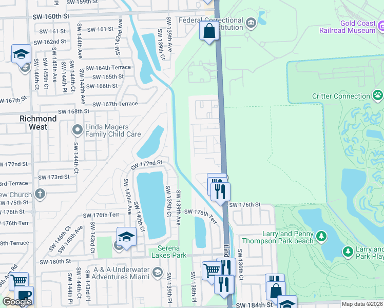 map of restaurants, bars, coffee shops, grocery stores, and more near 17172 Southwest 138th Court in Miami