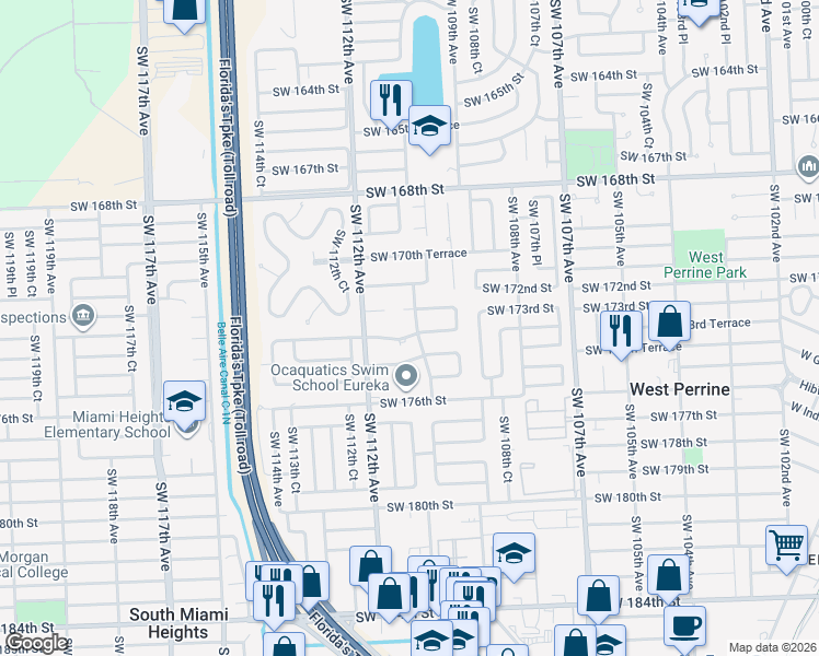 map of restaurants, bars, coffee shops, grocery stores, and more near 11005 Southwest 173rd Terrace in Miami