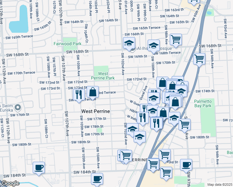 map of restaurants, bars, coffee shops, grocery stores, and more near 10260 Southwest 173rd Terrace in Miami
