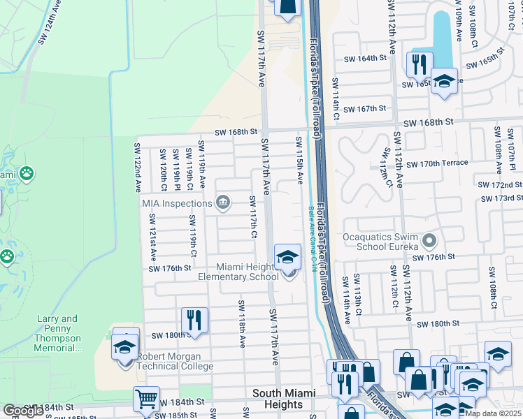 map of restaurants, bars, coffee shops, grocery stores, and more near 17210 Southwest 117th Avenue in Miami