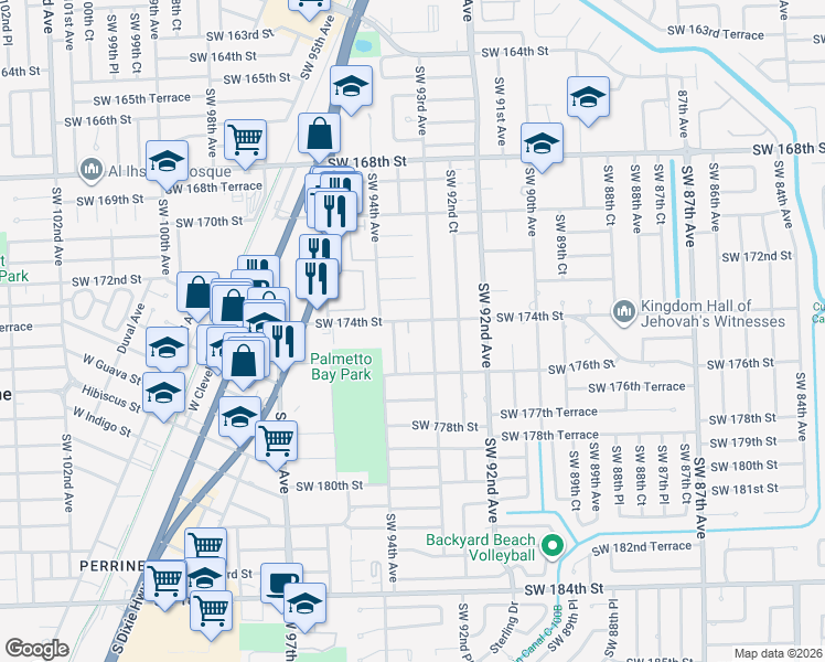 map of restaurants, bars, coffee shops, grocery stores, and more near 17450 Southwest 93rd Avenue in Palmetto Bay