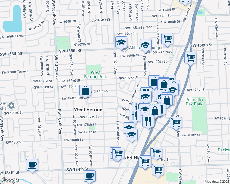 map of restaurants, bars, coffee shops, grocery stores, and more near 10210 Southwest 173rd Terrace in Miami