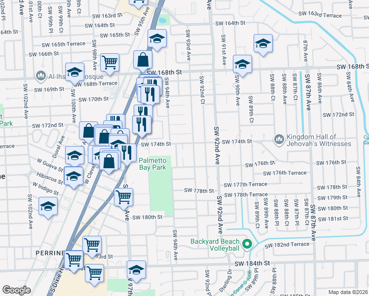 map of restaurants, bars, coffee shops, grocery stores, and more near 17450 Southwest 93rd Avenue in Palmetto Bay