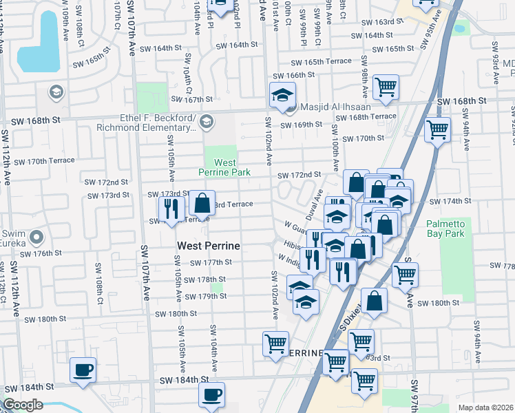 map of restaurants, bars, coffee shops, grocery stores, and more near 10260 Southwest 173rd Terrace in Miami