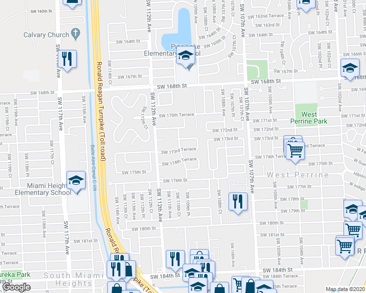map of restaurants, bars, coffee shops, grocery stores, and more near 10995 Southwest 173rd Terrace in Miami