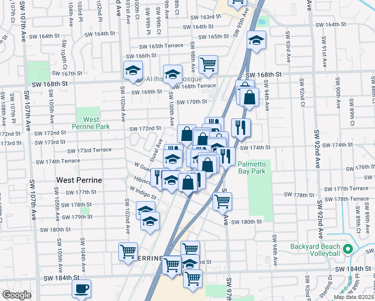 map of restaurants, bars, coffee shops, grocery stores, and more near 17304 Walker Avenue in Miami