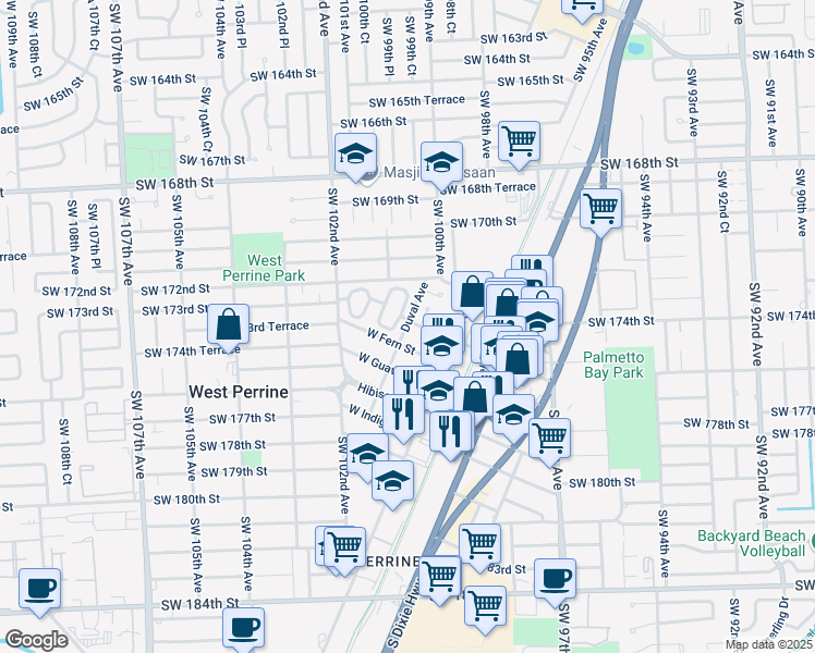 map of restaurants, bars, coffee shops, grocery stores, and more near 10120 West Fern Street in Miami