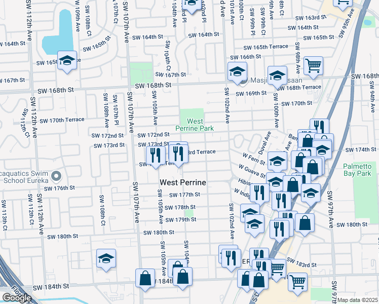 map of restaurants, bars, coffee shops, grocery stores, and more near 10384 Southwest 173rd Terrace in Miami
