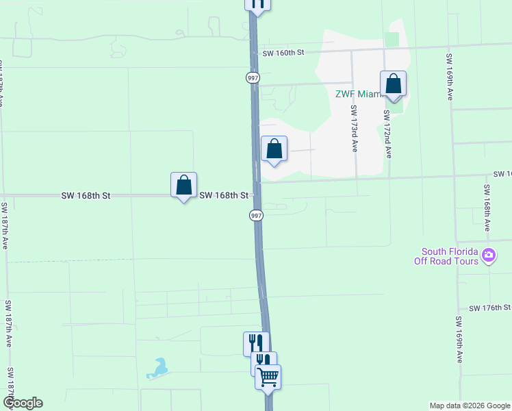 map of restaurants, bars, coffee shops, grocery stores, and more near 17000 Southwest 177th Avenue in Miami