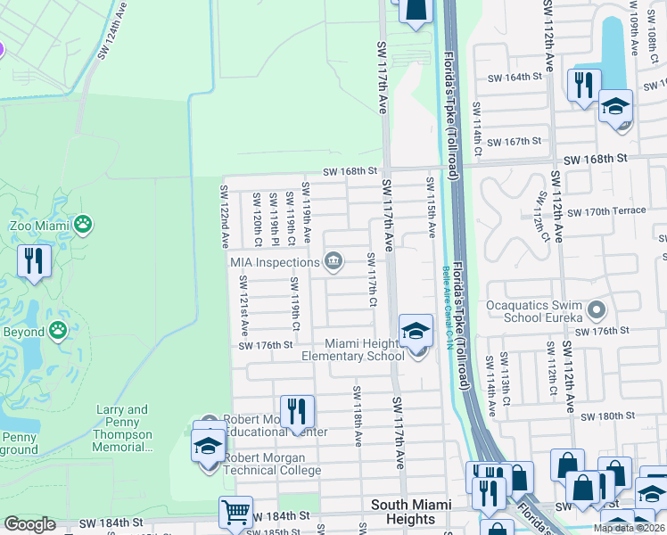 map of restaurants, bars, coffee shops, grocery stores, and more near 11851 Southwest 173rd Street in Miami
