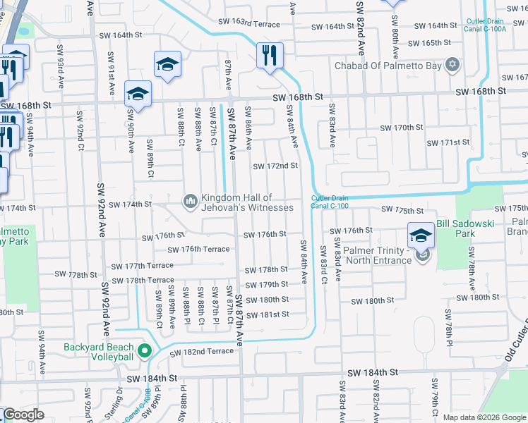 map of restaurants, bars, coffee shops, grocery stores, and more near 17450 Southwest 85th Avenue in Palmetto Bay
