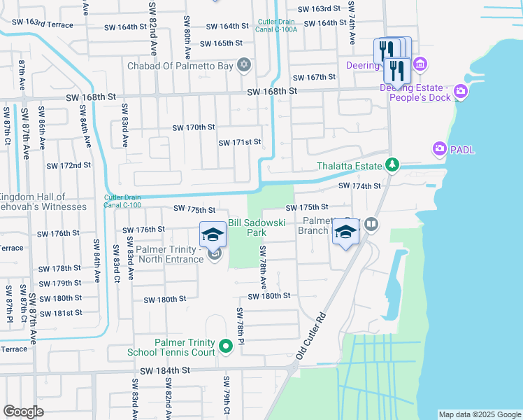 map of restaurants, bars, coffee shops, grocery stores, and more near 17500 Southwest 78th Avenue in Palmetto Bay